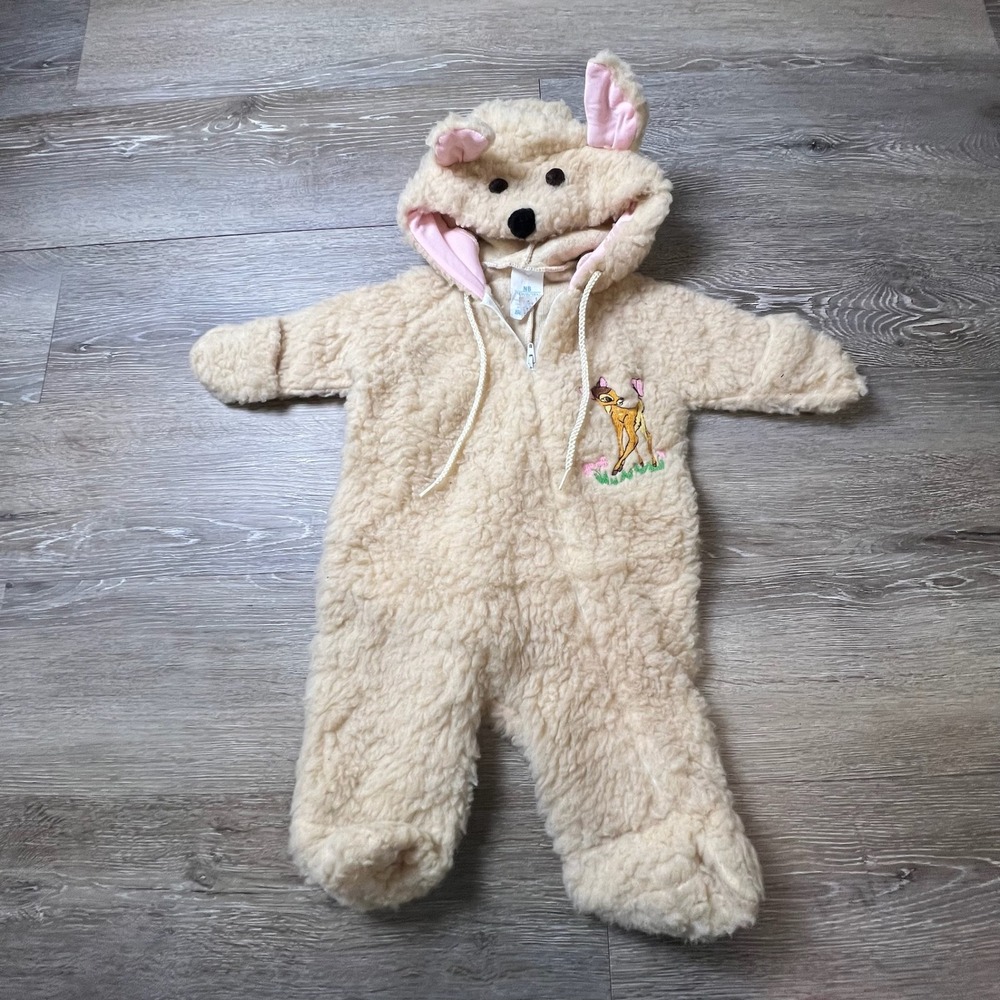 Sears Disney Bambi Pram Suit Newborn Cream Sherpa Fleece Hooded Vintage USA